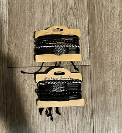 Two Adjustable Unisex Tree Of Life Leather Bracelet Sets