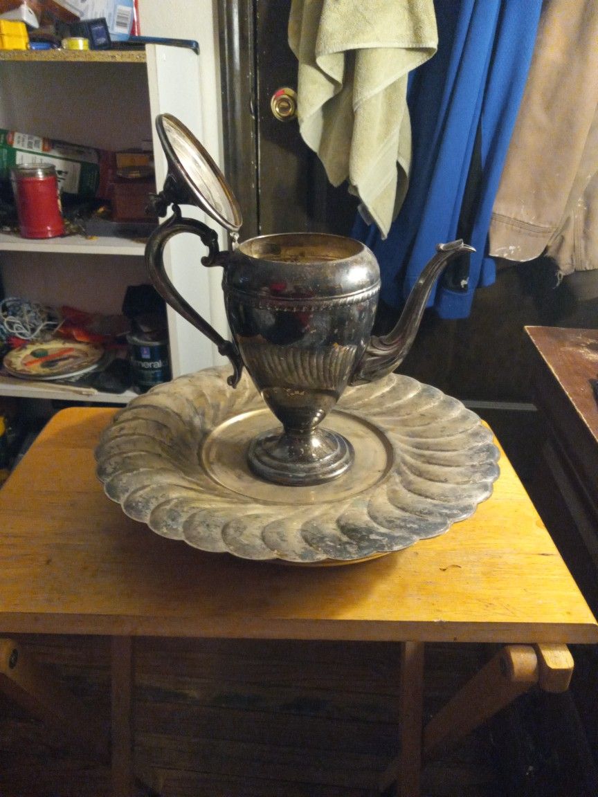 Vintage Silver On Copper Teapot And Tray