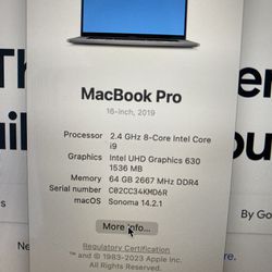 MacBook Pro 2019 I9 64gb Ram, 8gb Graphics