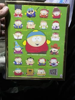 framed poster featuring a collage of the South Park character Eric Cartman