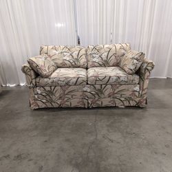 Ethan Allen Beige Floral Upholstered Rolled Arm Couch