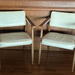 2 Antique White Leather/ Wooden Chairs 