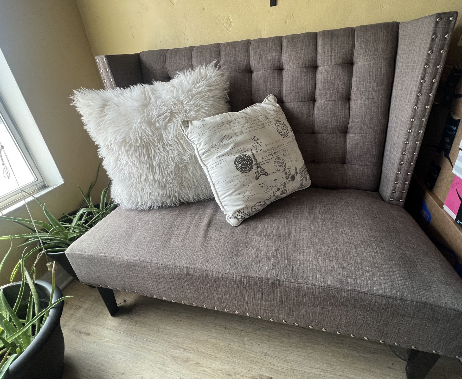Small Loveseat  (more Tan than Grey ) With Silver Metal Hardware(trim Only)