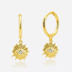 small gold round EVIL EYE with crystal dangle hoop minimalist charm earrings 