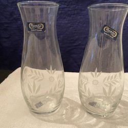 2 Vases Pasabahce Vintage, 7" Turkish Etched Daisy Elevator 