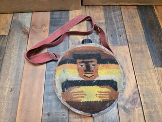 Vintage Round Metal Canteen with Woven Textile Cover