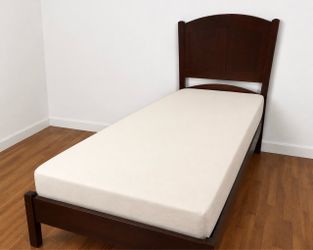Assembled Twin Dark Cherry Wood Panel Bed Frame + Mattress