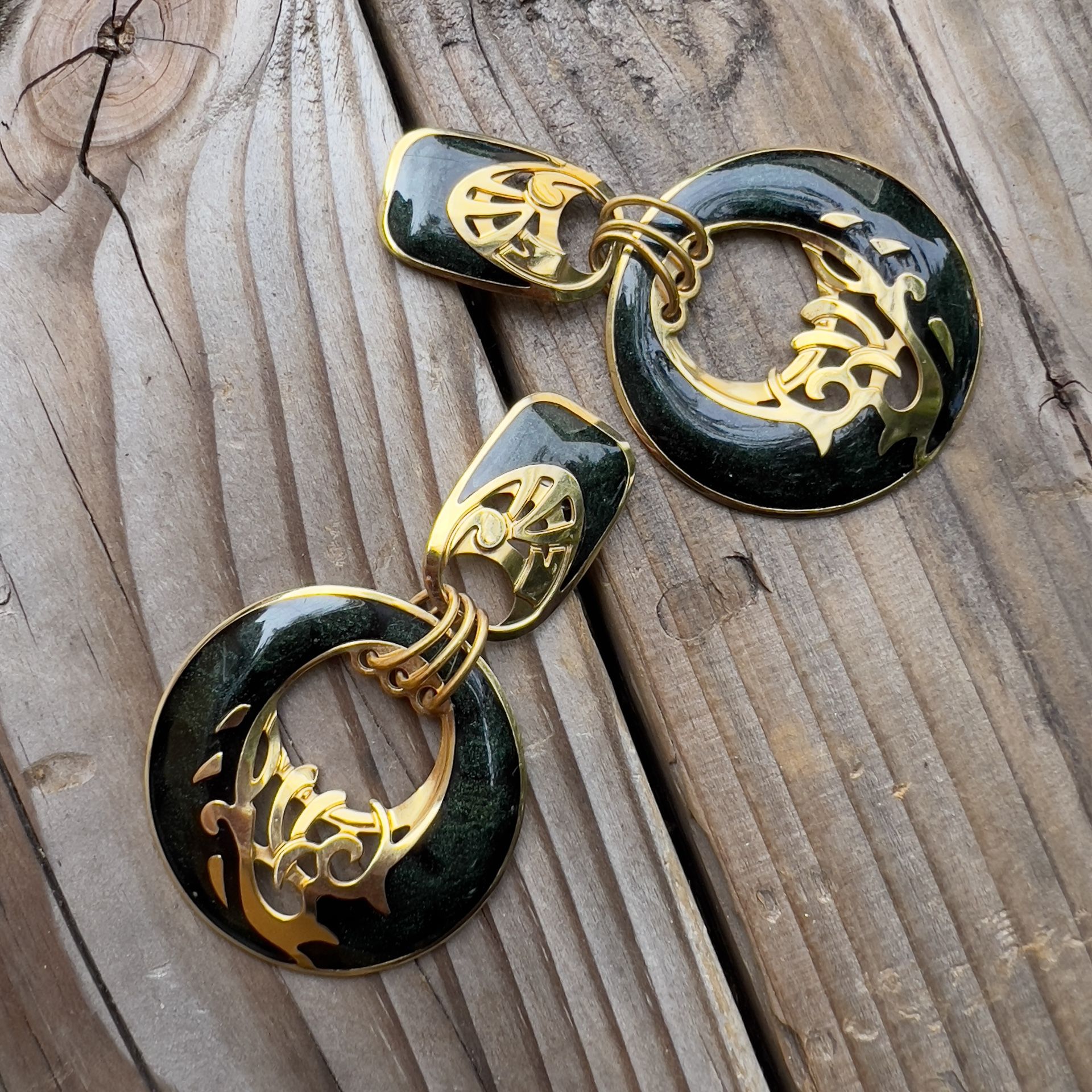 EDGAR BEREBI Signed Vintage Gold Plated Enameled Green Statement Pierce Earrings