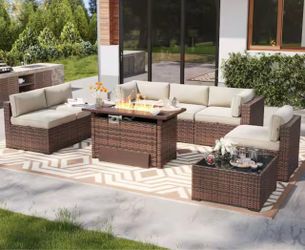Brown 8-Piece Wicker Outdoor Patio Fire Pit Set with Beige Cushions, Patio Sectional Set with Fire Pit Table