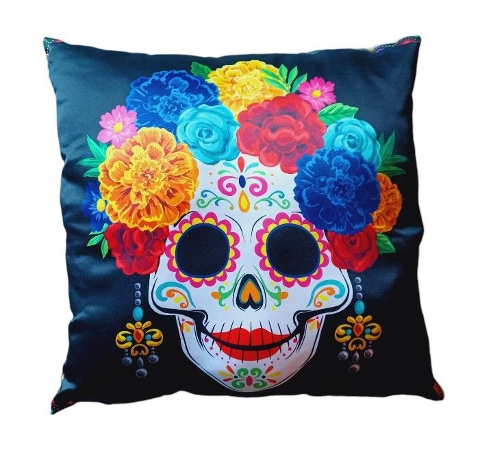 Dia De Los Muertos Decorative Pillow, Day Of The Dead Decor, Skull & Flowers 14" X 14"