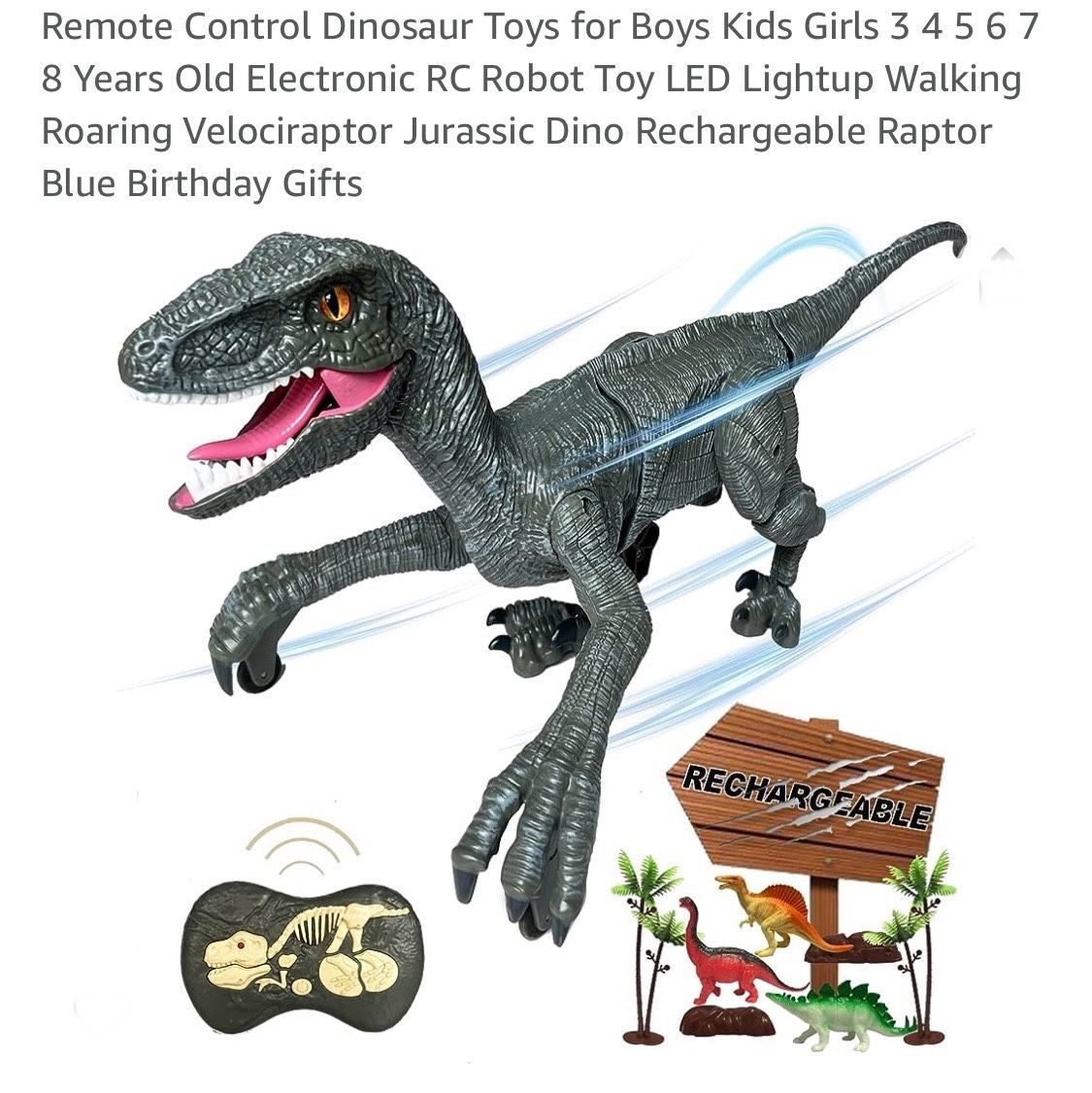 Remote Control Dinosaur Toys for Boys Kids Girls 3 4 5 6 7 8 Years Old Electronic RC Robot Toy LED Lightup Walking Roaring Velociraptor Jurassic Dino 