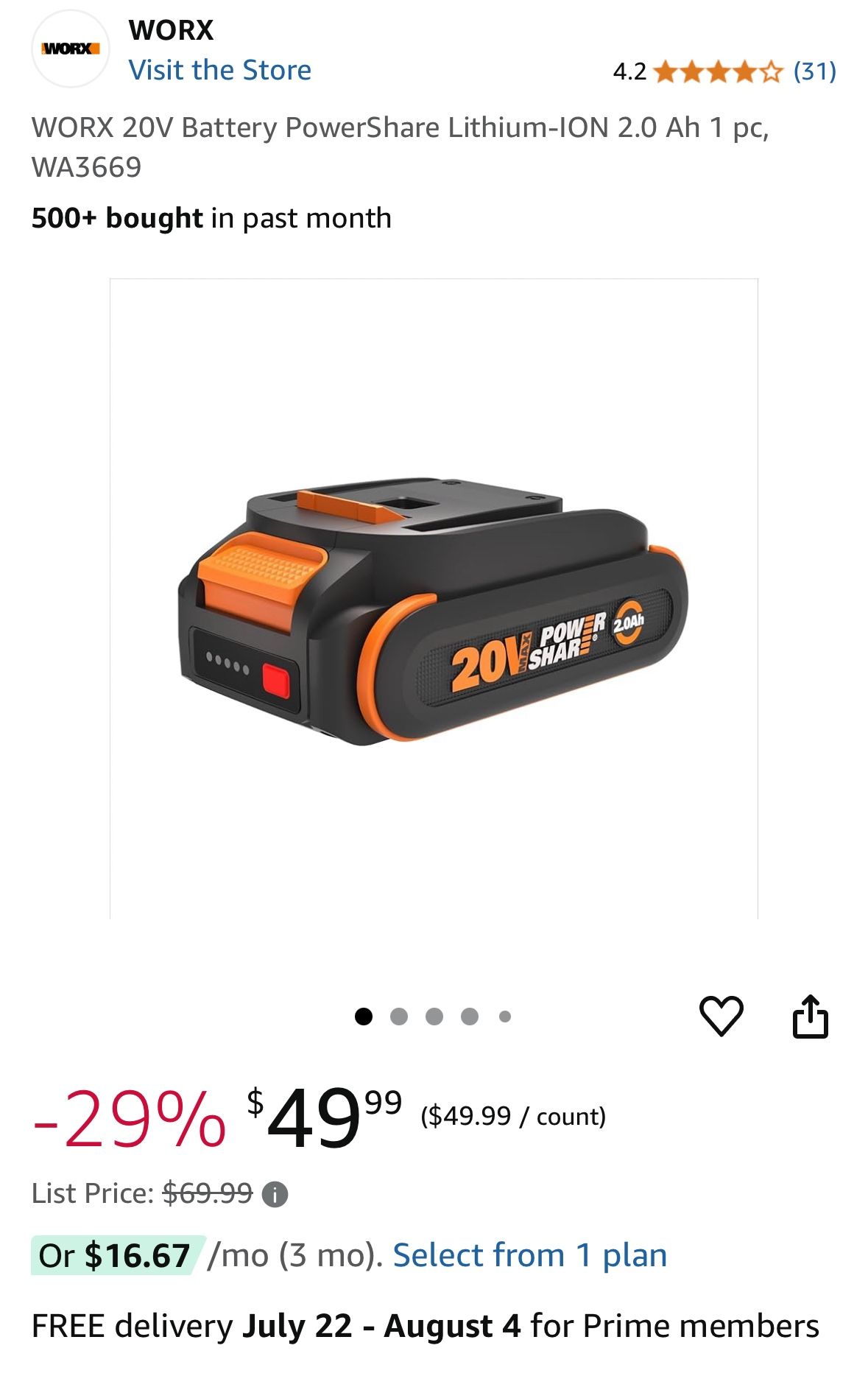 WORX 20V Battery PowerShare Lithium-ION 2.0 Ah 1 pc, WA3669