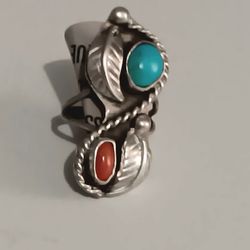 Navajo Turquoise And Coral Ring