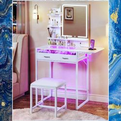 Transparent Top LED Makeup Vanity with Drawers, Power Strip, and Chair. New, in Box.