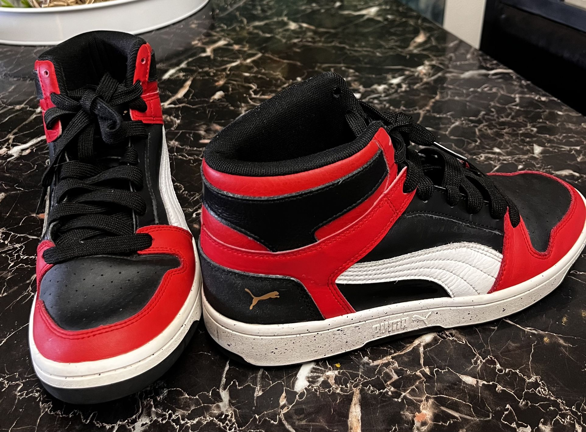 Mens Size 8 Used Red White and Black Puma Rebound Sneakers.  Needs Inserts. Good Condition 