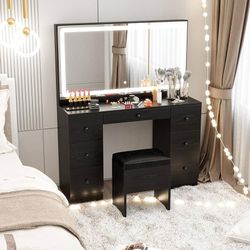 Vanity Makeup Desk Set with LED Lighted Mirror & Power Outlet, 7 Drawers Bedroom Vanities Table with Stool,Black