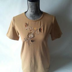 Indigo Moon women's brown floral embroidered short sleeve t-shirt size XS