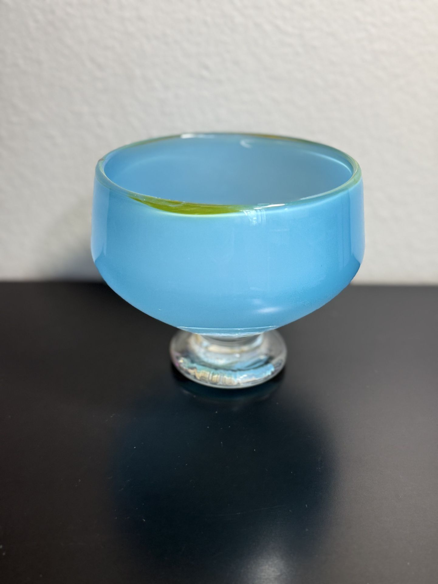 Vtg Murano Art Glass Footed Bowl Turquoise Blue Yellow Italian Hand Made!!