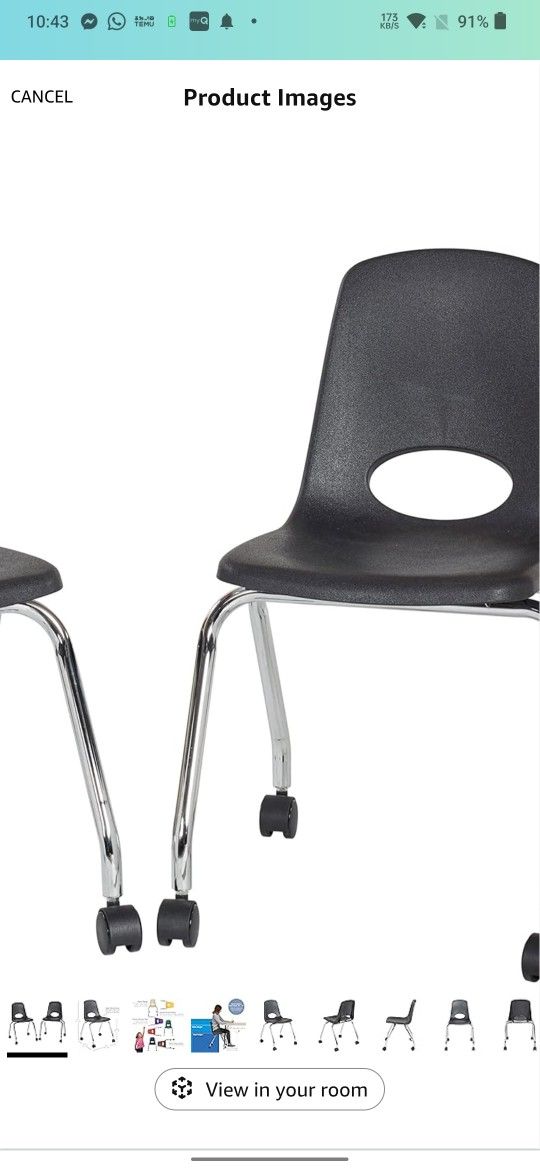 Factory Direct Partners 10372-BK 18" Mobile School Chair with Wheels for Kids, Teens and Adults; Ergonomic Seat for in-Home Learning, Classroom or Off