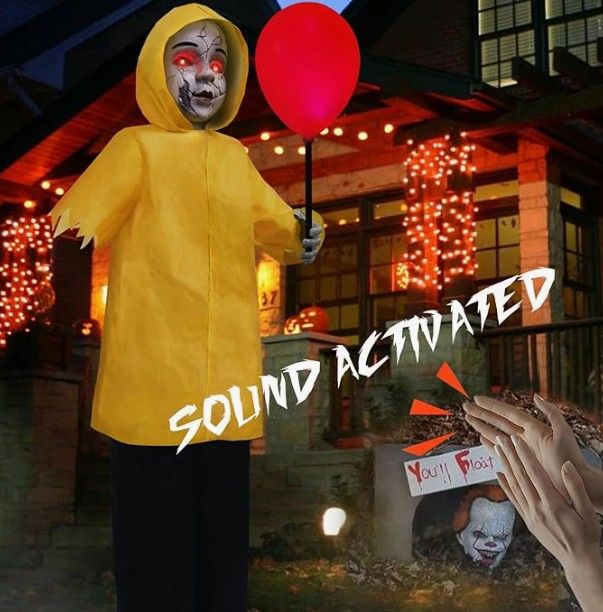 4 Ft Life-Size Animatronic Halloween Prop with Glowing Balloon, Sound-Activated Sensor, Spooky Decor for Indoor and Outdoor Use - Home, Party, Garden,