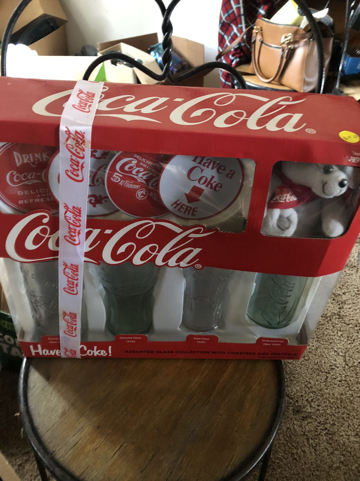 Cola Cola Glassware With Coasters And Stuffed Bear
