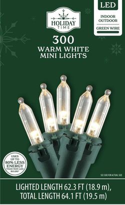 Indoor/Outdoor 300-Count LED Mini Christmas String Lights, Warm White, 62.3', by Holiday Time.