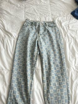 Y2K Baby Blue Heart Checkered Jeans Size XS/S Coquette