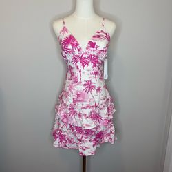 Aqua Pink and White Palm-Print Ruffle Dress
