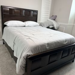 Queen bed, mattress, box spring, and dresser.
