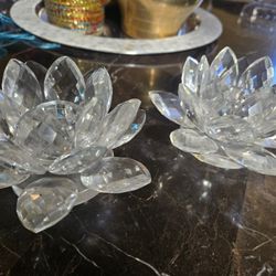 Set Of 2 Lead Crystal Lotus Candle Holders