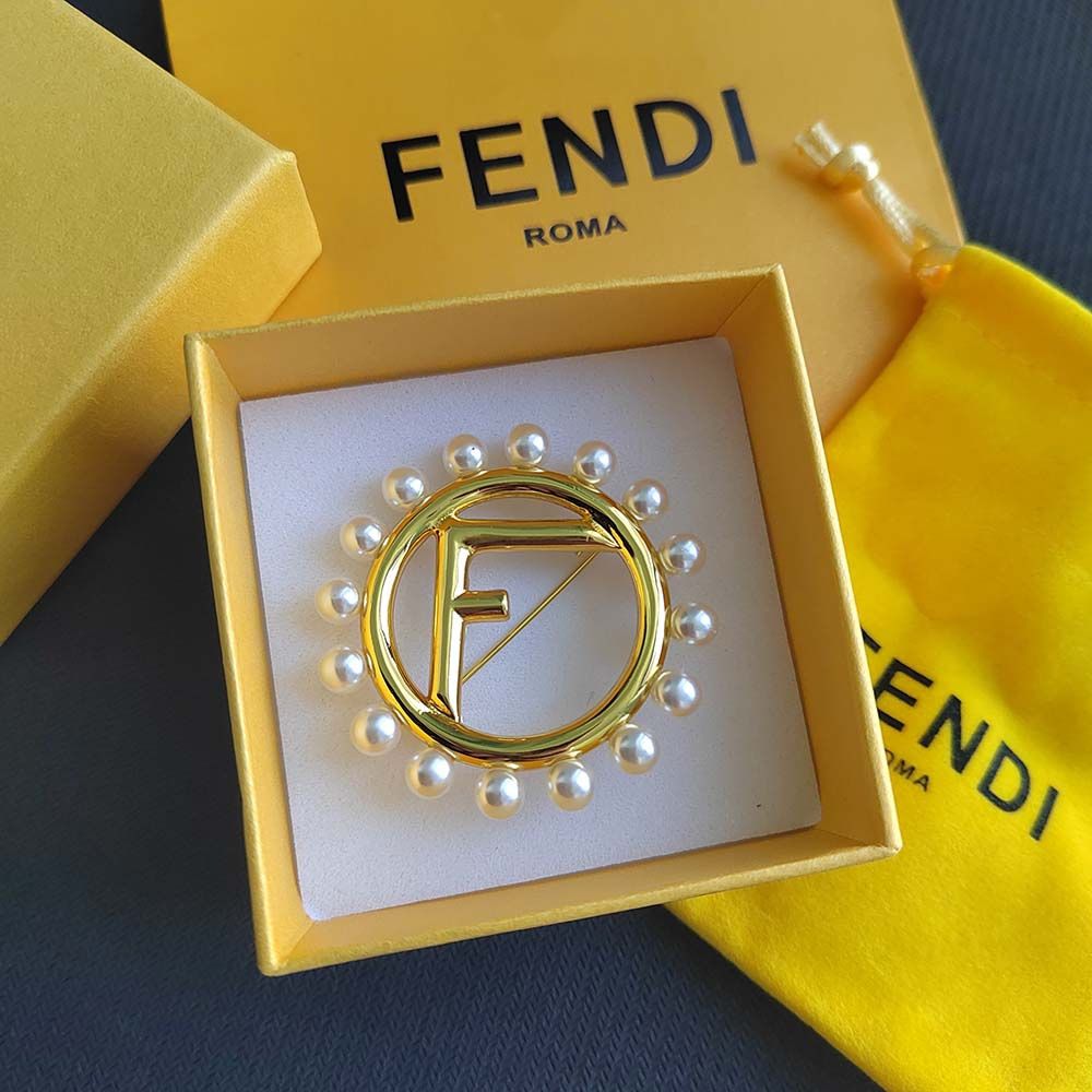 Fendi Faux Pearl Gold Tone Pin Brooch