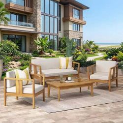 Christopher Knight Home Beatrice Outdoor 4 Seater Acacia Wood Chat Set, Teak and Beige