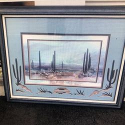 Beautiful Rare 3 In 1 Framed Cactus Landscape 47 X 37