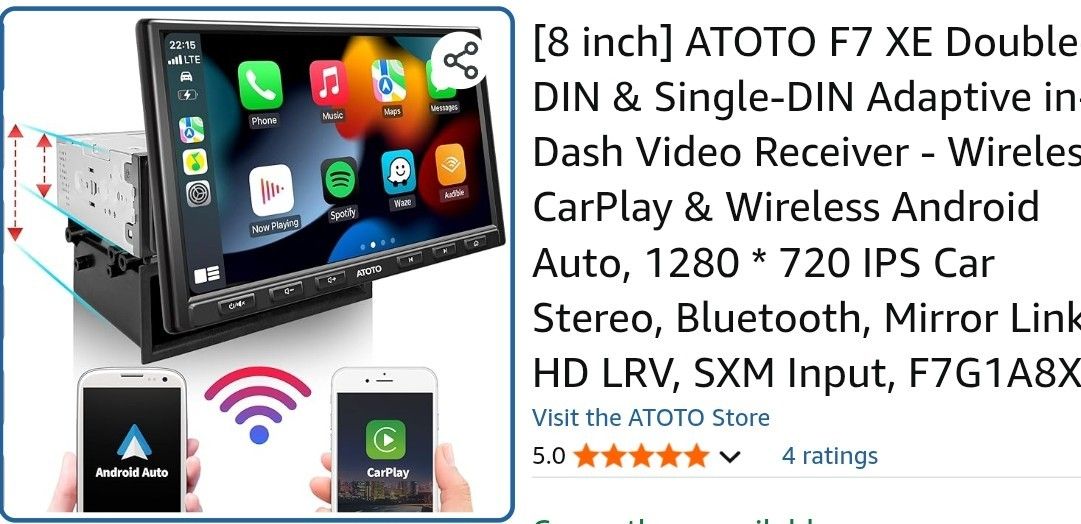 8 Inch] ATOTO F7 XE Dbl DinN & Single-DIN Adaptive in-Dash Video Receiver - Wireless CarPlay & Wireless Android Auto, 1280 * 720 IPS Car Stereo, 