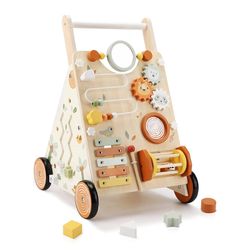 Wooden Baby Walker, Baby Push Walker with Activity Center for Girls Boys, Montessori Push Walker Toys for Babies Learning to Walk, Sit-to-Stand, for 1