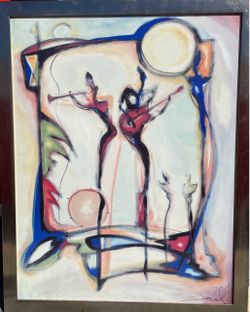 Signed Abstract Jazz Musicians Framed Painting