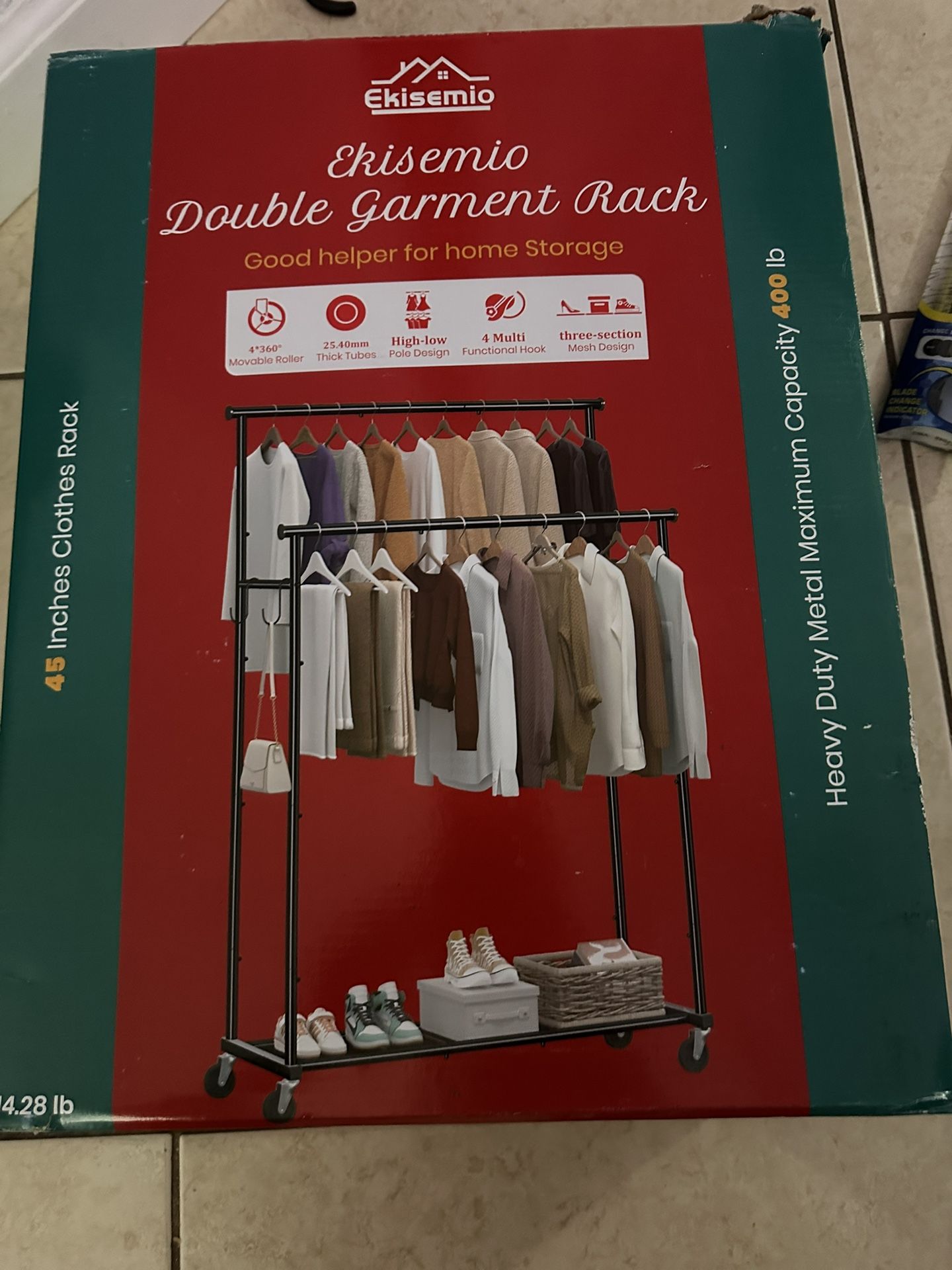 Double Rod Clothing Garment Rack on Wheels, 45 Inches Clothes Rack with Mesh Bottom Shelf for Hanging Clothes, Heavy Duty Metal Maximum Capacity 400 l