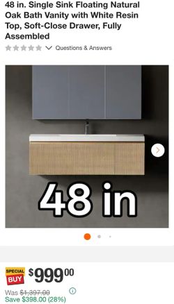 48 in. Single Sink Floating Natural Oak Bath Vanity with White Resin Top, Soft-Close Drawer, Fully Assembled