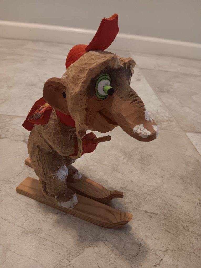 Vintage 1970s Norwegian Wooden Hand Carved Henning Skiing Troll