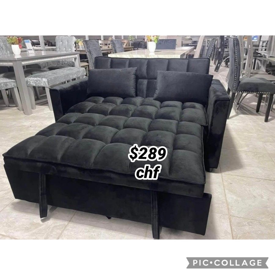 53.5"W Black Velvet Convertible Sleeper Loveseat with Tufting and Side Pockets