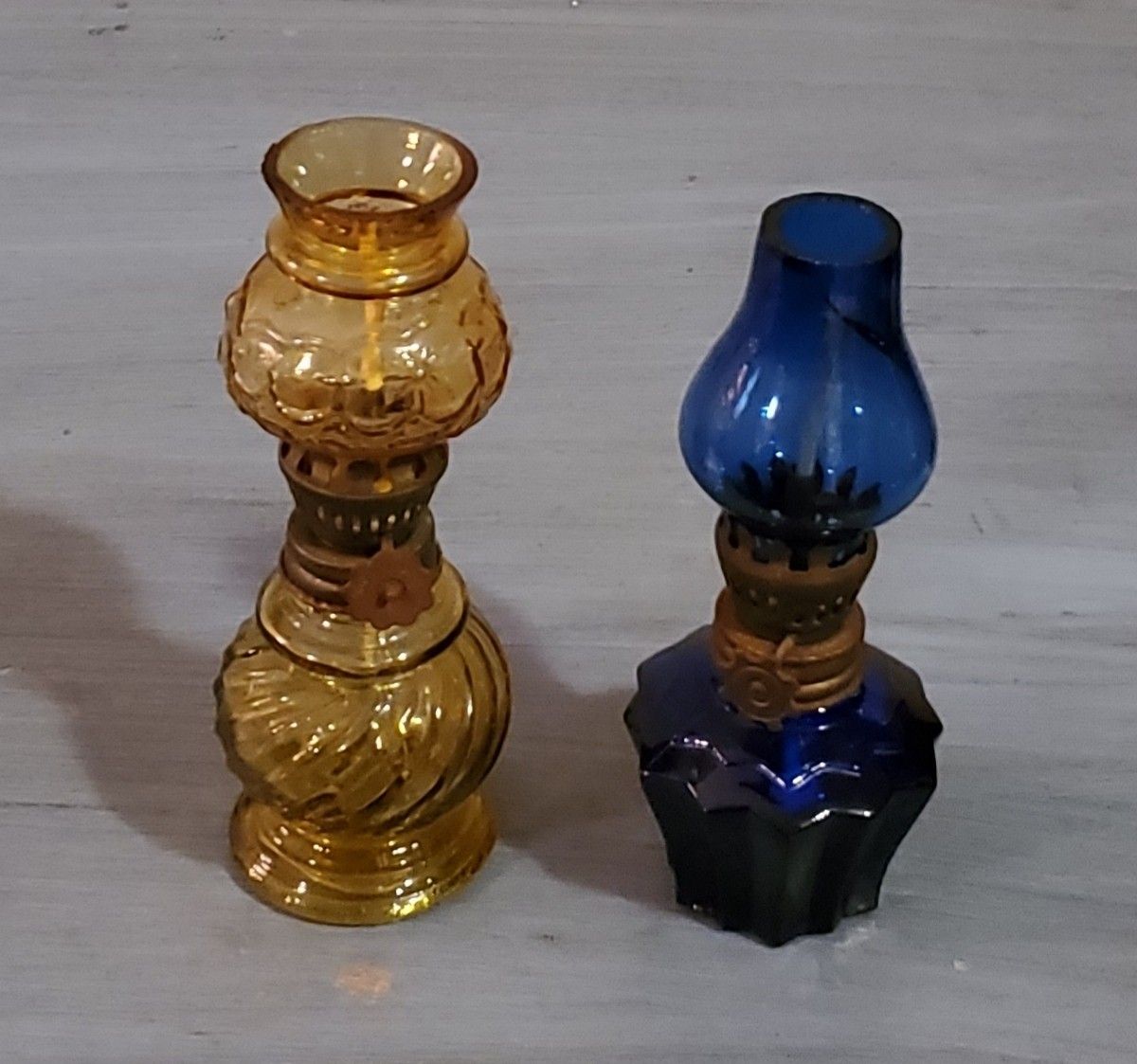 Two Antique Miniature Glass Oil Lamps Amber & Blue