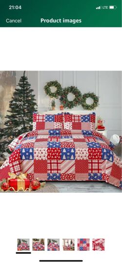 High Quality Christmas Bedding Queen Size Quilt Set, Bedspread Coverlet Print Christmas Tree Santa Claus Reindeer,Lightweight Breathable Microfiber Be