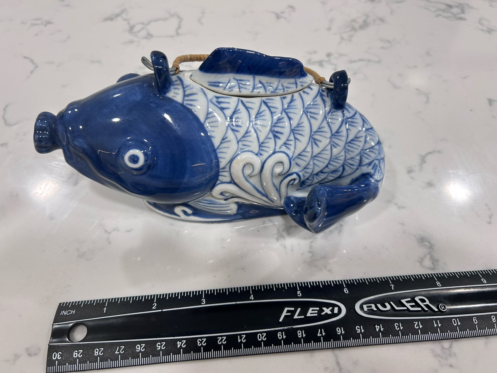 Blue And White Porcelain Fish Shaped Teapot With Wicker Handle
