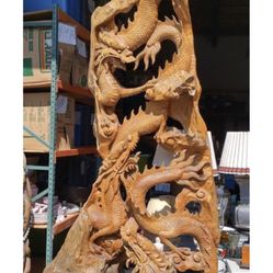 9ft Tall Carved 3 Dragons On A Single Piece Of Work