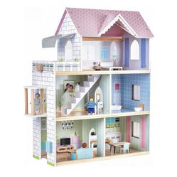 Pink Wooden Dollhouse/ Dolls Included / New In Sealed Box