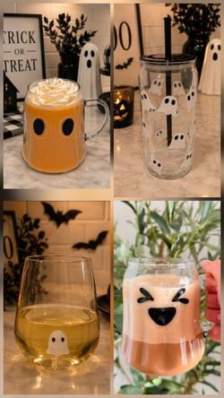 New Halloween Glass Ghost Face cups perfect for wine, coffee and more. 4 designs $5 each