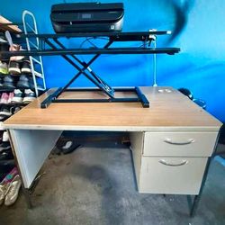 Solid Metal desk, HP printer and standing desk converter