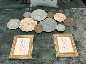 Wall Decor Bundle Decorative Wall Disc Set and Framed Botanical Prints