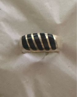 Vintage 925 Silver & Onyx Bar Inlay Modernist Ring, US Size 7.5