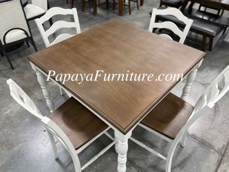 NEW 5 PIECE Counter Height Dining Set WHITE OAKTable and Chair Cottage Ashley Style Country Solid IKEA Walnut Wood Small Apartment size Space Saving 